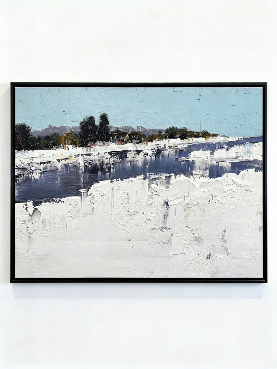 Large hand-painted modern oil painting by Evelyn Li featuring a frozen winter lake with heavy white snow texture and light blue sky.