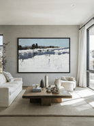 Large hand-painted modern oil painting by Evelyn Li featuring a frozen winter lake with heavy white snow texture and light blue sky.