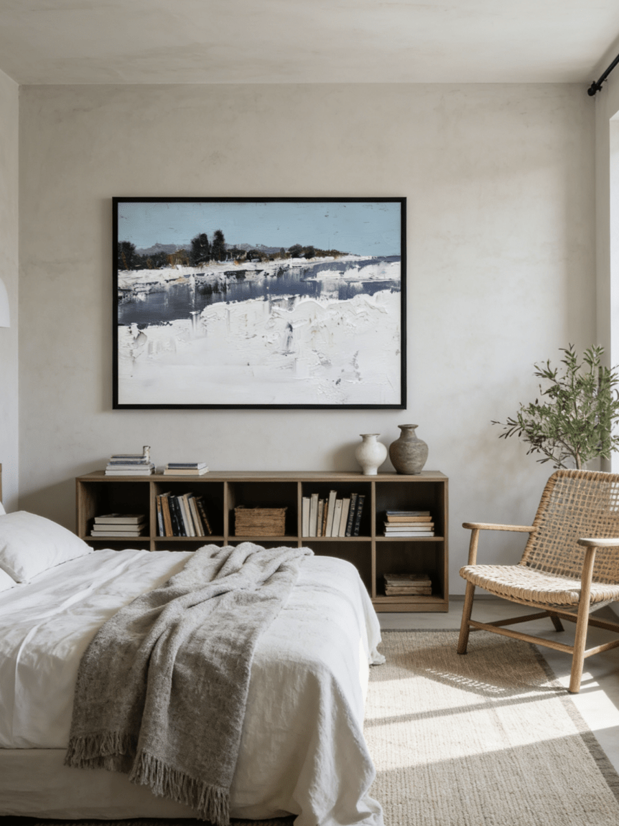Large hand-painted modern oil painting by Evelyn Li featuring a frozen winter lake with heavy white snow texture and light blue sky.