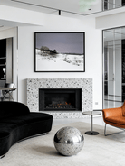 hand-painted oil painting featuring a wide snow-covered field under a soft lavender twilight sky with sparse trees.