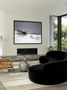 hand-painted oil painting featuring a wide snow-covered field under a soft lavender twilight sky with sparse trees.