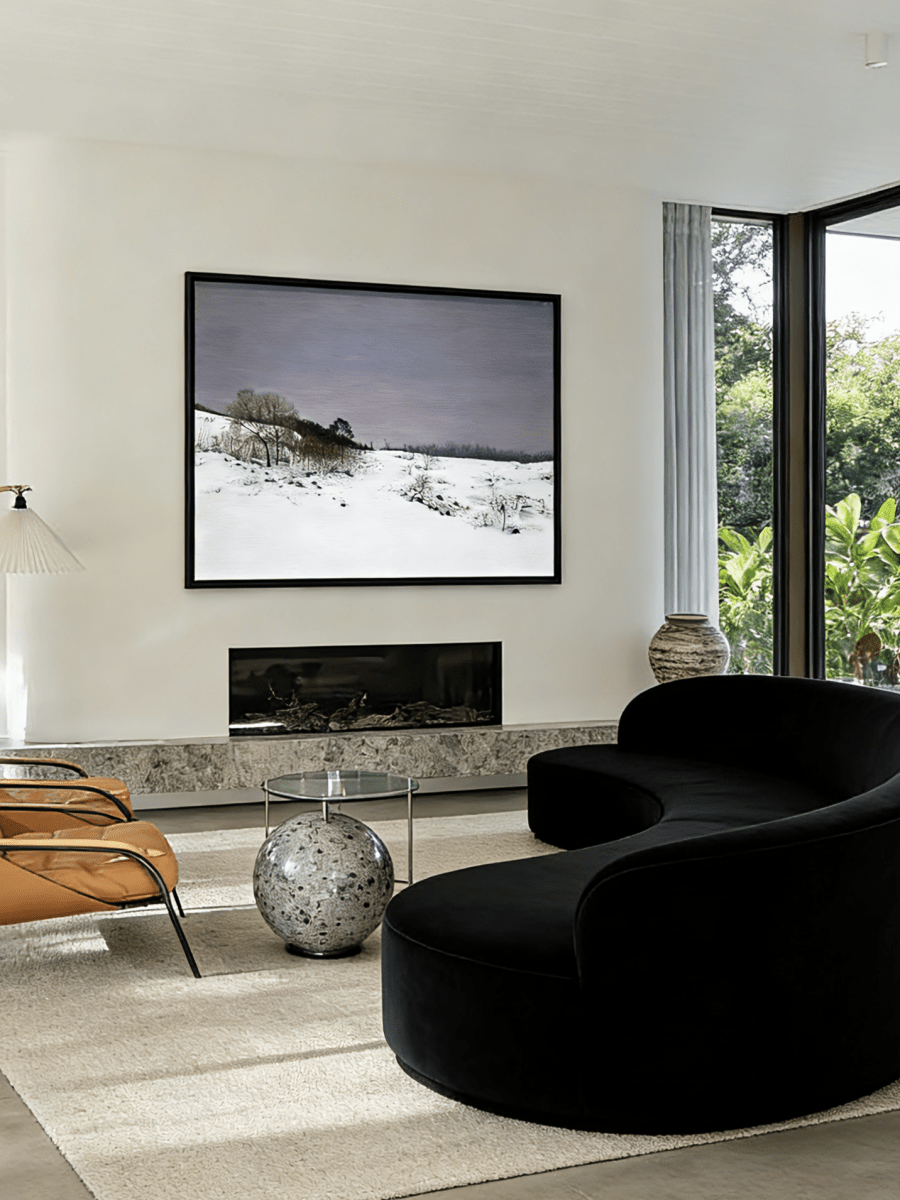 hand-painted oil painting featuring a wide snow-covered field under a soft lavender twilight sky with sparse trees.