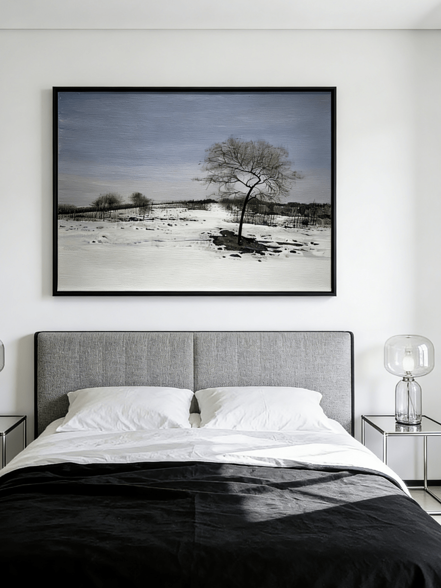  Large horizontal hand-painted minimalist oil painting of a single dark tree in a vast white snowfield under a soft blue sky.