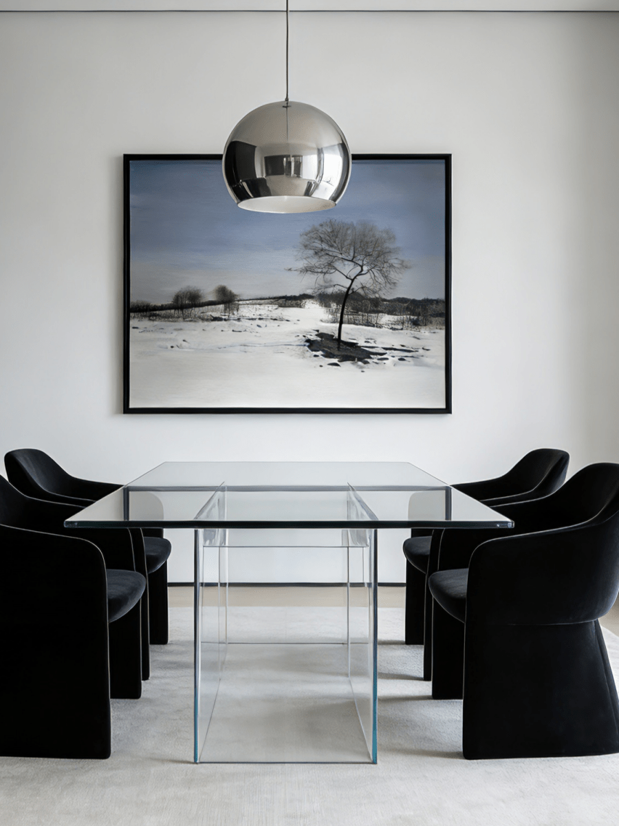  Large horizontal hand-painted minimalist oil painting of a single dark tree in a vast white snowfield under a soft blue sky.