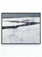 hand-painted abstract oil painting showing a dark winter river winding through a white snowfield in a minimalist style.