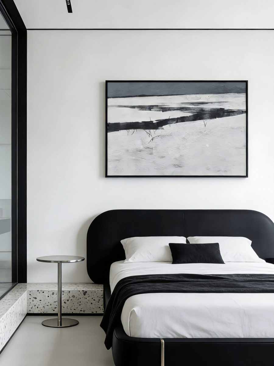 hand-painted abstract oil painting showing a dark winter river winding through a white snowfield in a minimalist style.