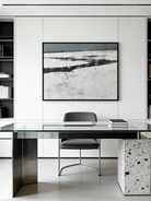 hand-painted abstract oil painting showing a dark winter river winding through a white snowfield in a minimalist style.