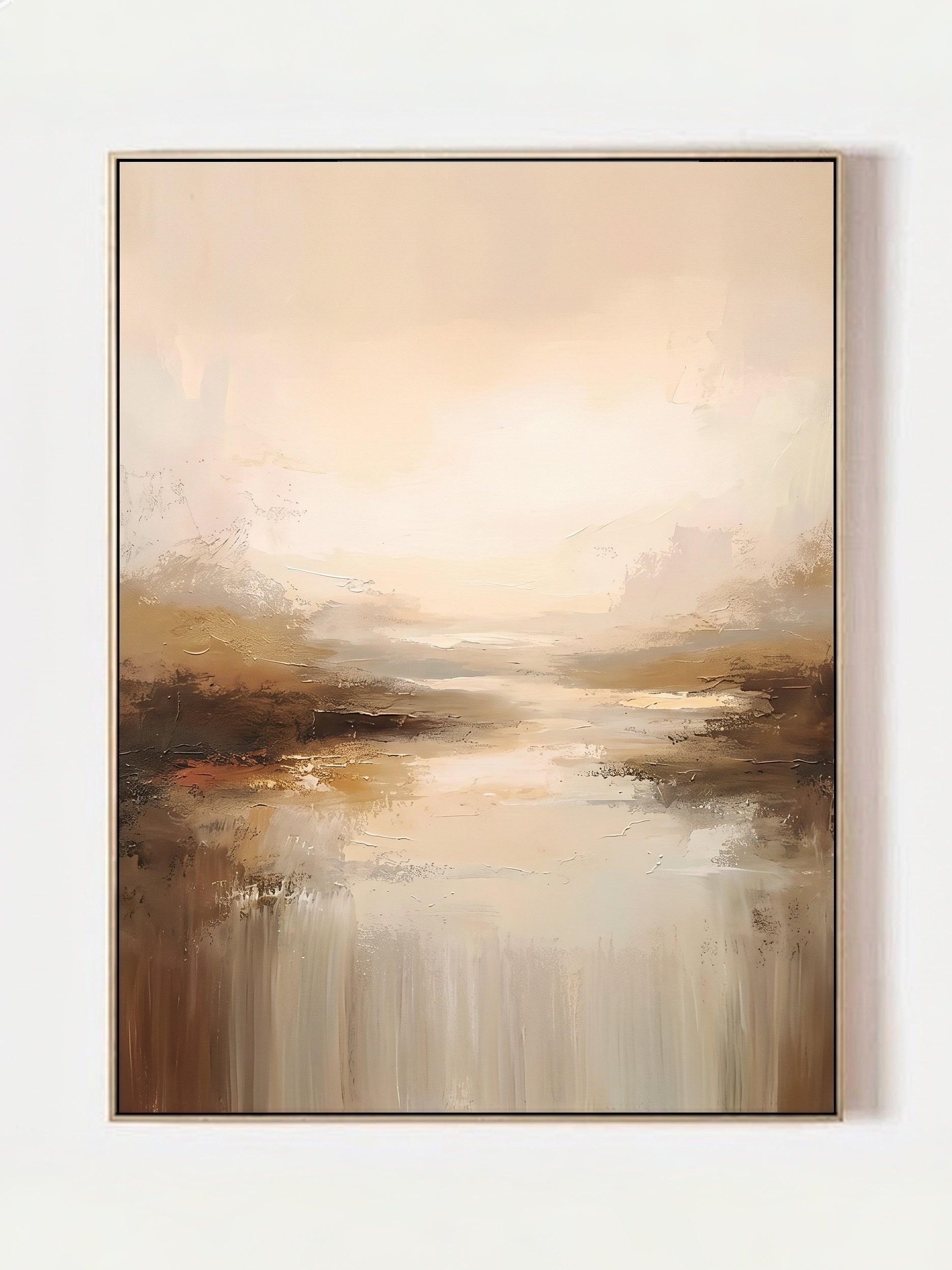 Hand-painted minimalist abstract landscape art in beige and brown tones by Evelyn Li, vertical 3D textured wall art for living room, organic modern home decor.