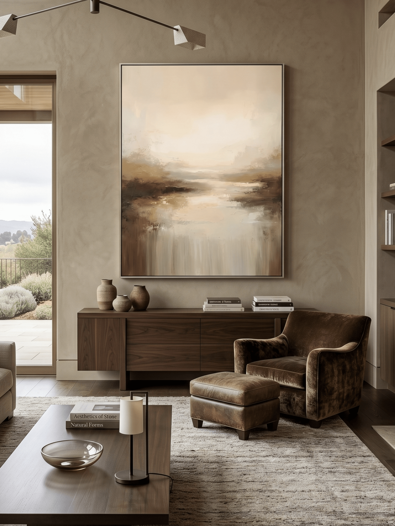 Hand-painted minimalist abstract landscape art in beige and brown tones by Evelyn Li, vertical 3D textured wall art for living room, organic modern home decor.