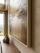 Hand-painted minimalist abstract landscape art in beige and brown tones by Evelyn Li, vertical 3D textured wall art for living room, organic modern home decor.