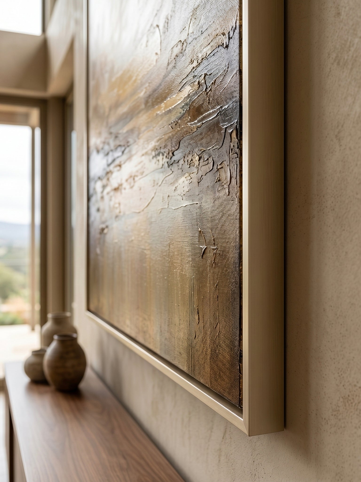 Hand-painted minimalist abstract landscape art in beige and brown tones by Evelyn Li, vertical 3D textured wall art for living room, organic modern home decor.