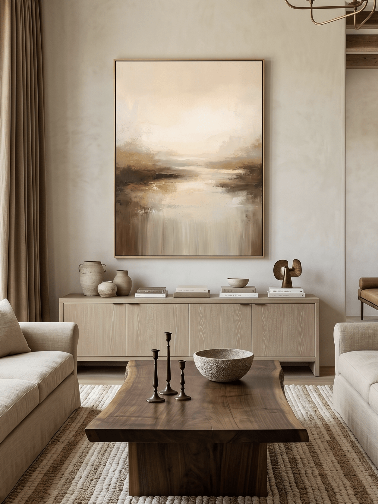Hand-painted minimalist abstract landscape art in beige and brown tones by Evelyn Li, vertical 3D textured wall art for living room, organic modern home decor.