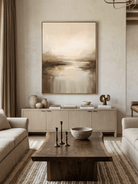 Hand-painted minimalist abstract landscape art in beige and brown tones by Evelyn Li, vertical 3D textured wall art for living room, organic modern home decor.