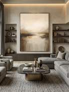 Hand-painted minimalist abstract landscape art in beige and brown tones by Evelyn Li, vertical 3D textured wall art for living room, organic modern home decor.