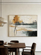 Large hand-painted 3D textured abstract landscape painting of a golden autumn tree with heavy impasto brushstrokes