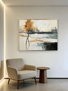 Large hand-painted 3D textured abstract landscape painting of a golden autumn tree with heavy impasto brushstrokes