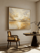 Large square hand-painted abstract seascape in gold and cream tones with shimmering water reflections by Evelyn Li in a high-end master bedroom.