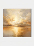 Large square hand-painted abstract seascape in gold and cream tones with shimmering water reflections by Evelyn Li in a high-end master bedroom.