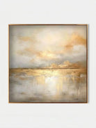 Large square hand-painted gold and white abstract painting with metallic drip texture by Evelyn Li in a luxury living room setting.