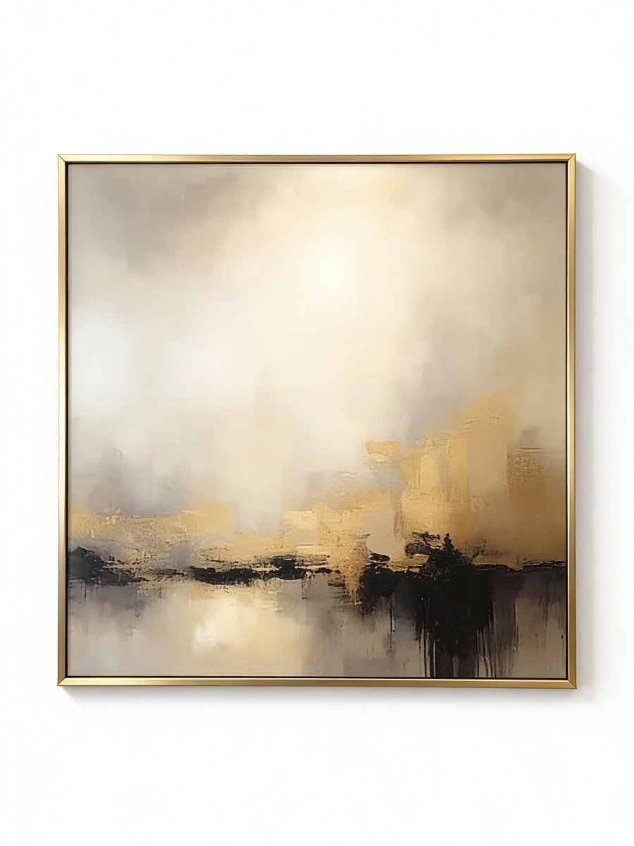 Large square hand-painted abstract painting with heavy 3D gold texture and black drip effect by Evelyn Li in a modern minimalist living room.
