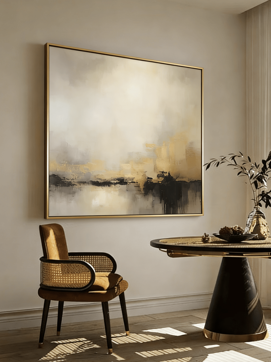 Large square hand-painted abstract painting with heavy 3D gold texture and black drip effect by Evelyn Li in a modern minimalist living room.