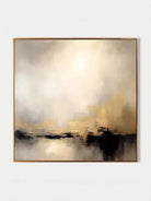 Large square hand-painted abstract painting with heavy 3D gold texture and black drip effect by Evelyn Li in a modern minimalist living room.