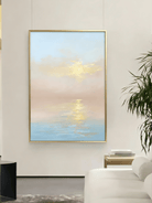 Large vertical hand-painted impressionist sunset seascape in pastel pink and blue with golden light reflections by Evelyn Li in a minimalist bedroom.