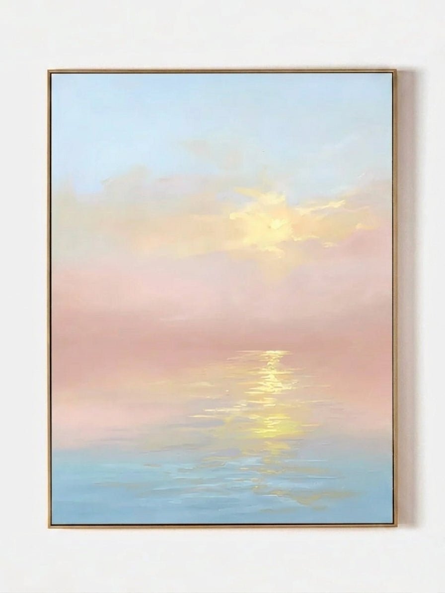 Large vertical hand-painted impressionist sunset seascape in pastel pink and blue with golden light reflections by Evelyn Li in a minimalist bedroom.