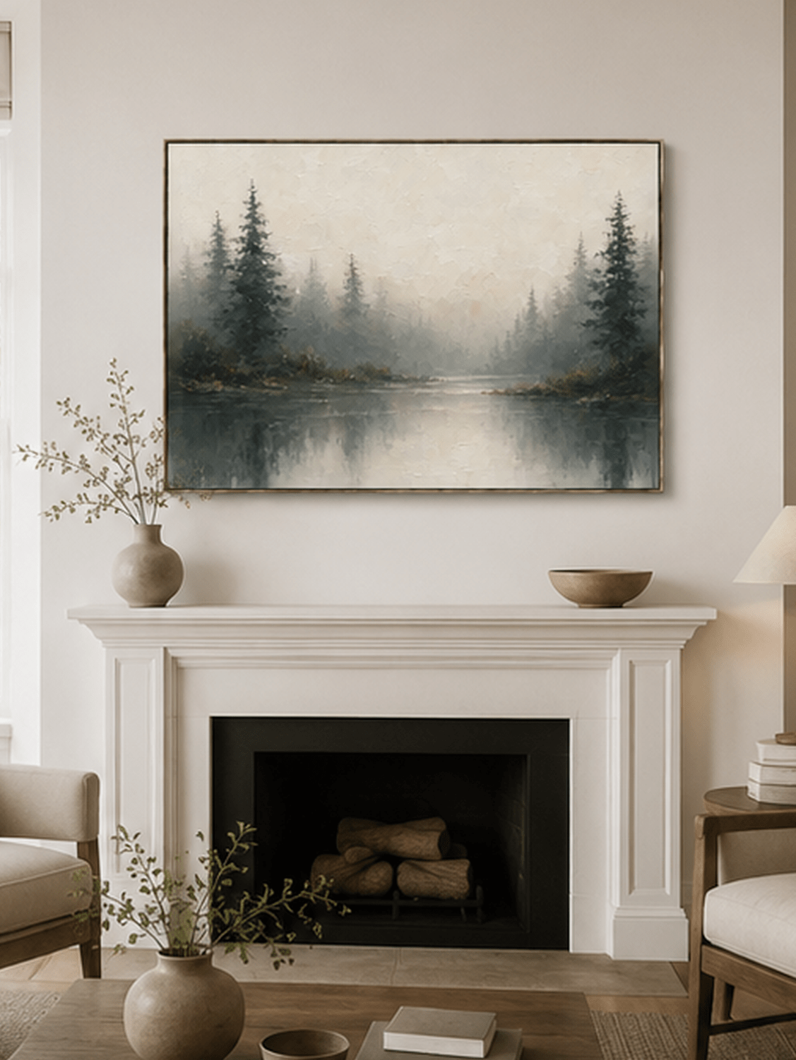 Framed foggy pine forest painting featuring a calm misty lake landscape with pine trees reflection on canvas.