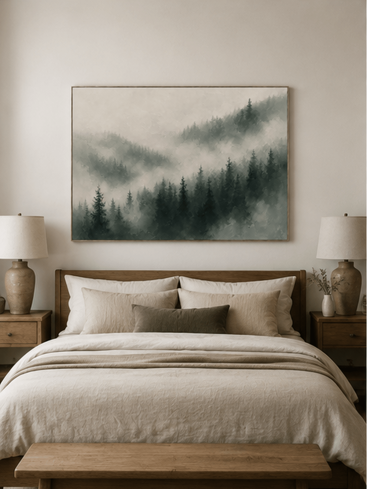 Foggy evergreen forest wall art displayed above the bed in a calm Scandinavian-style bedroom