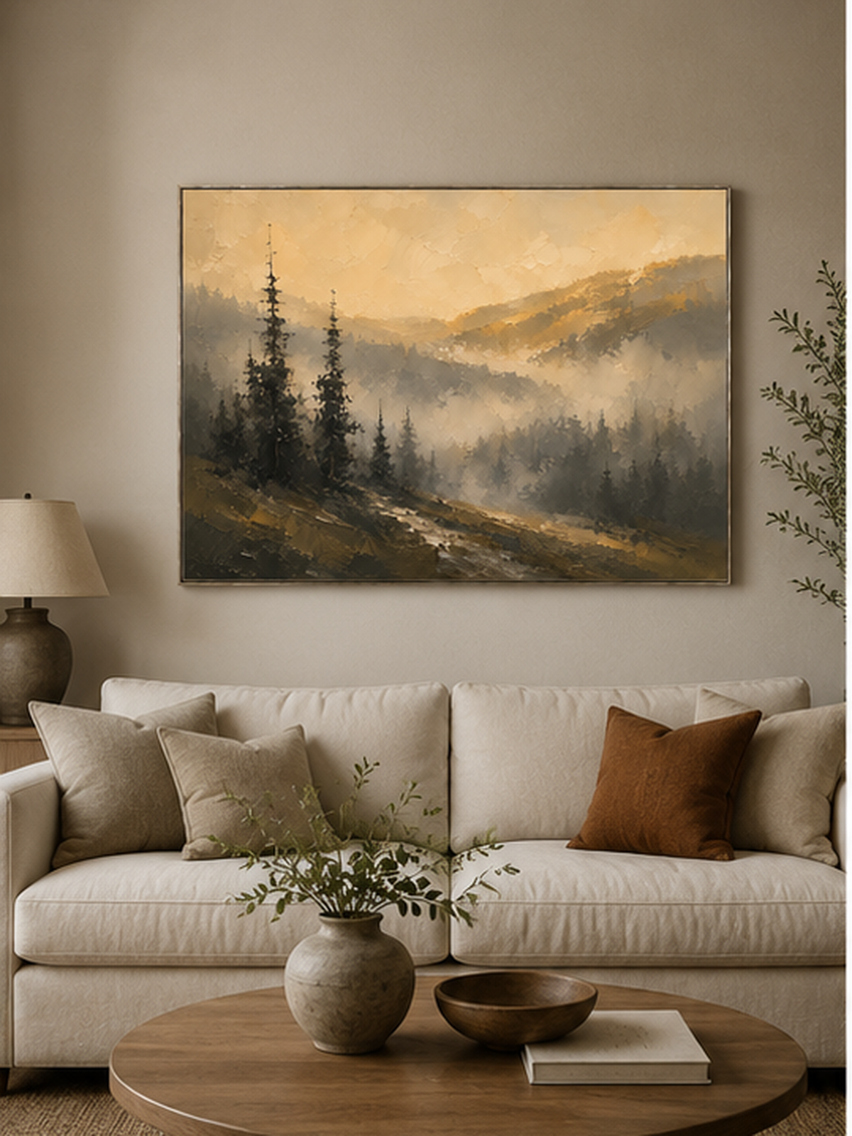 Misty mountain forest painting displayed above a neutral sofa in an organic modern living room