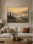 Misty mountain forest painting displayed above a neutral sofa in an organic modern living room