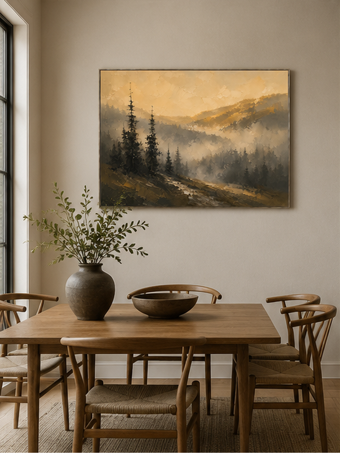 Hand-painted foggy mountain forest landscape displayed in a dining room with natural wood furniture