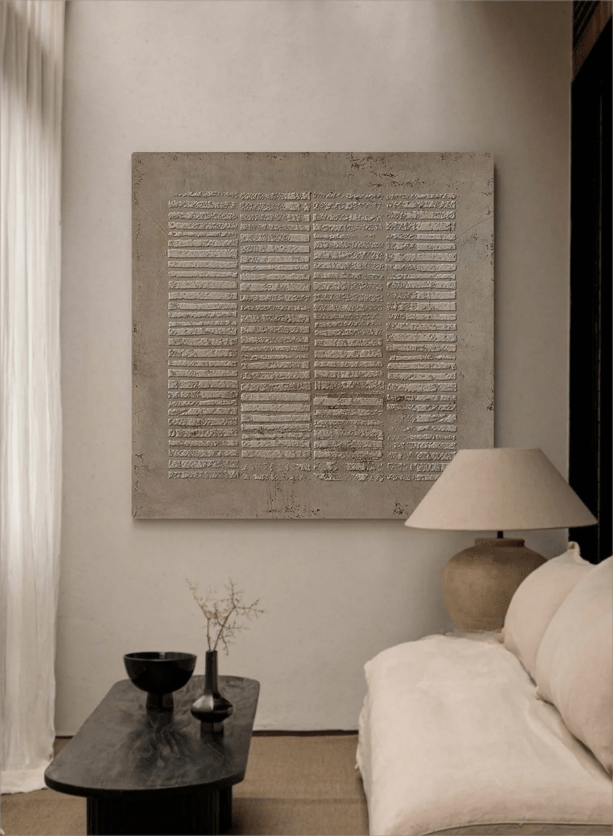 Large square hand-painted minimalist abstract painting with heavy 3D horizontal linear texture in taupe and stone grey by Eliot Vermeer.