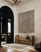 Large square hand-painted minimalist abstract painting with heavy 3D horizontal linear texture in taupe and stone grey by Eliot Vermeer.