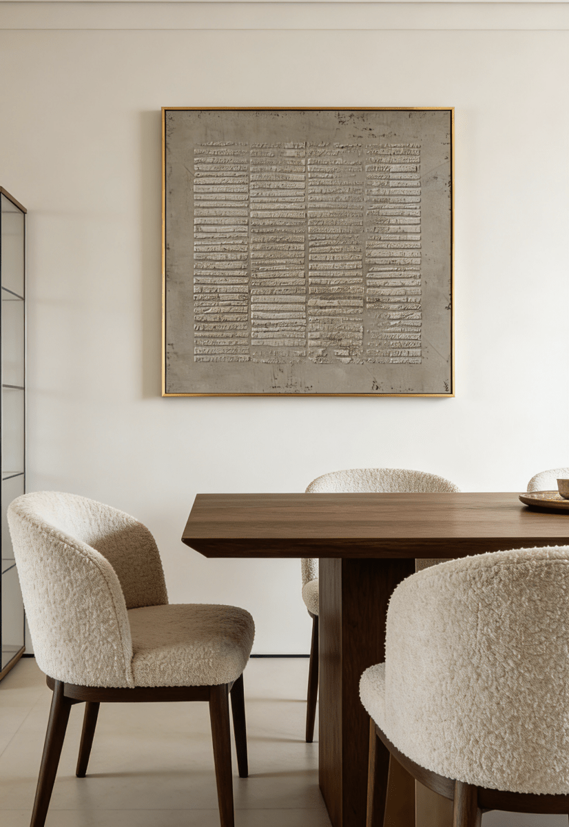 Large square hand-painted minimalist abstract painting with heavy 3D horizontal linear texture in taupe and stone grey by Eliot Vermeer.