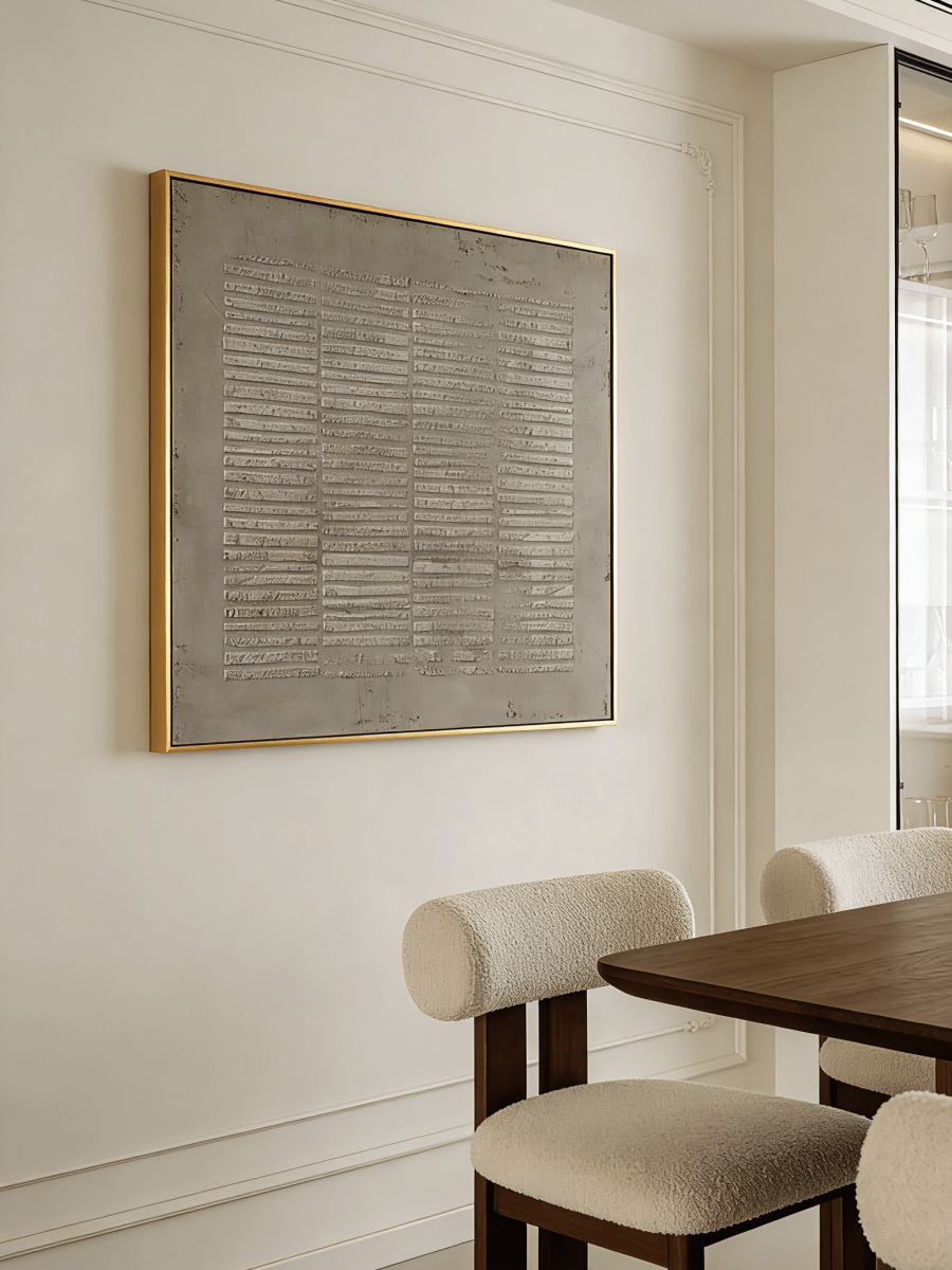 Large square hand-painted minimalist abstract painting with heavy 3D horizontal linear texture in taupe and stone grey by Eliot Vermeer.