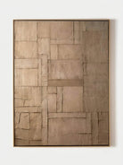 Large hand-painted geometric abstract canvas painting with heavy plaster texture in taupe and brown by Eliot Vermeer for minimalist living room decor.