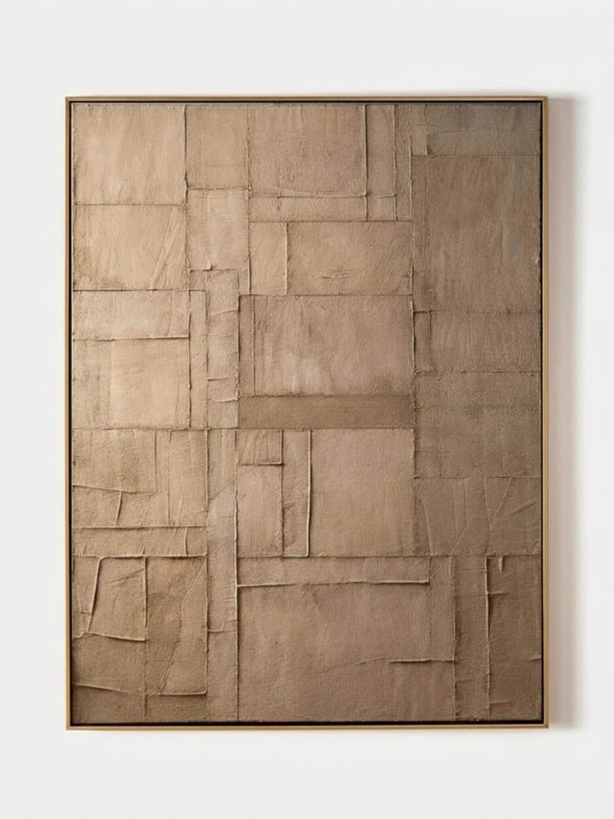 Large hand-painted geometric abstract canvas painting with heavy plaster texture in taupe and brown by Eliot Vermeer for minimalist living room decor.