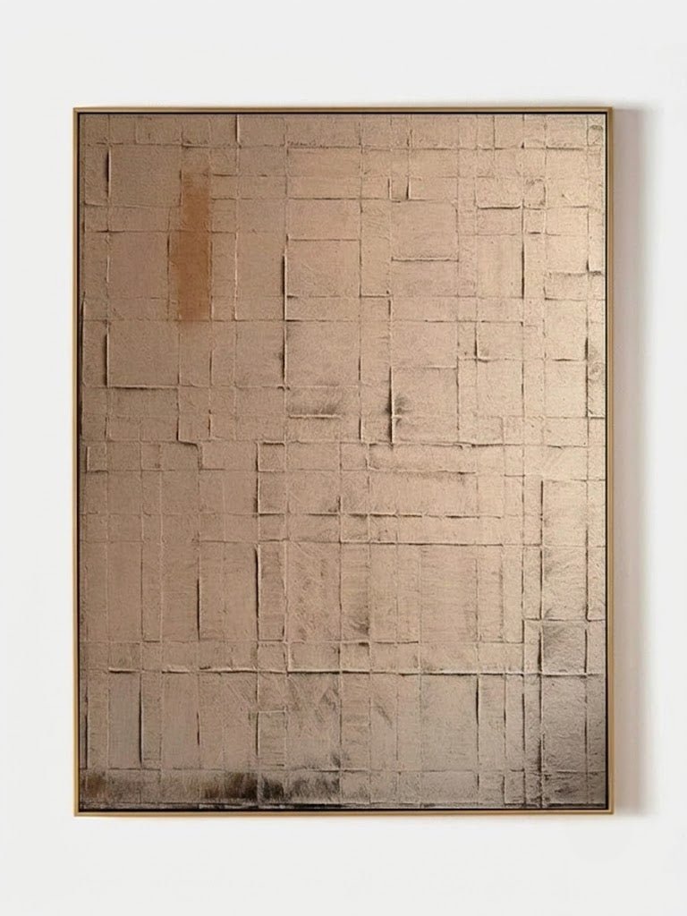 Hand-painted minimalist geometric abstract wall art featuring textured beige and taupe rectangular patterns on canvas, modern neutral artwork for contemporary living room decor.
