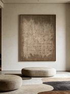 Large vertical hand-painted minimalist abstract painting with heavy 3D grid texture in earthy taupe and mushroom grey by Eliot Vermeer.