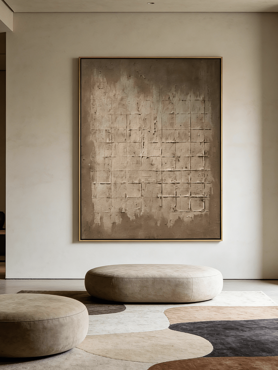 Large vertical hand-painted minimalist abstract painting with heavy 3D grid texture in earthy taupe and mushroom grey by Eliot Vermeer.