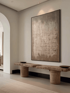 Large vertical hand-painted minimalist abstract painting with heavy 3D grid texture in earthy taupe and mushroom grey by Eliot Vermeer.