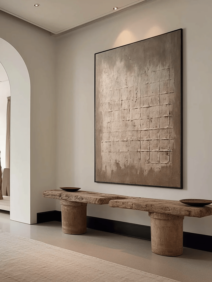 Large vertical hand-painted minimalist abstract painting with heavy 3D grid texture in earthy taupe and mushroom grey by Eliot Vermeer.