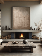 Large vertical hand-painted minimalist abstract painting with heavy 3D grid texture in earthy taupe and mushroom grey by Eliot Vermeer.