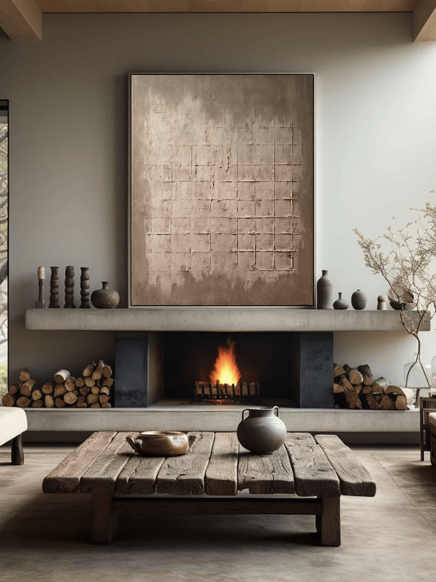 Large vertical hand-painted minimalist abstract painting with heavy 3D grid texture in earthy taupe and mushroom grey by Eliot Vermeer.