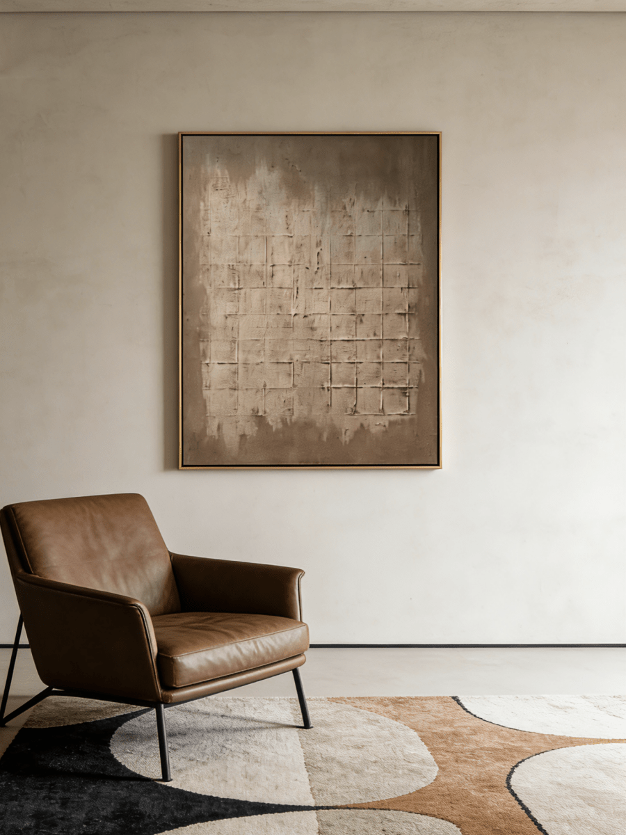 Large vertical hand-painted minimalist abstract painting with heavy 3D grid texture in earthy taupe and mushroom grey by Eliot Vermeer.