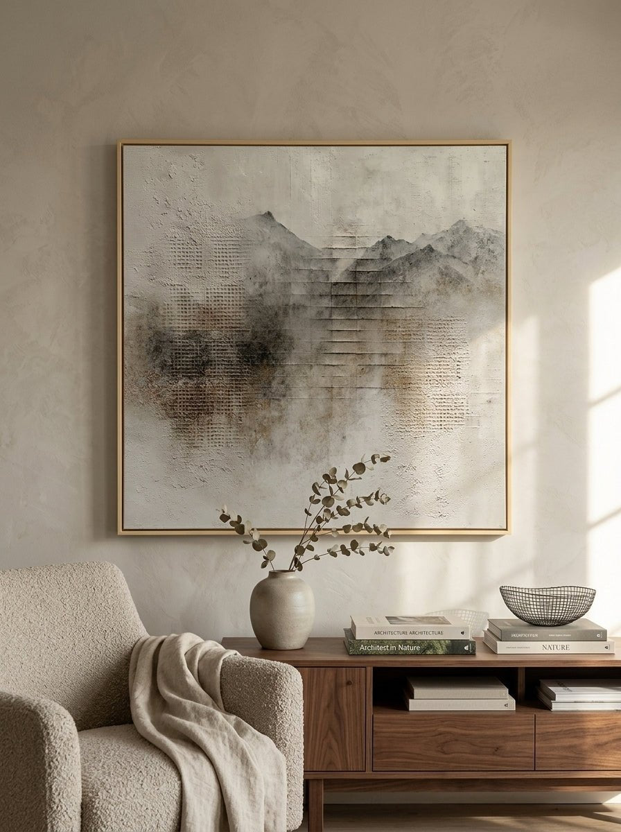 Heavy textured 3D abstract painting of misty mountains with grid patterns in neutral earthy tones by Eliot Vermeer.