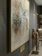 Heavy textured 3D abstract painting of misty mountains with grid patterns in neutral earthy tones by Eliot Vermeer.