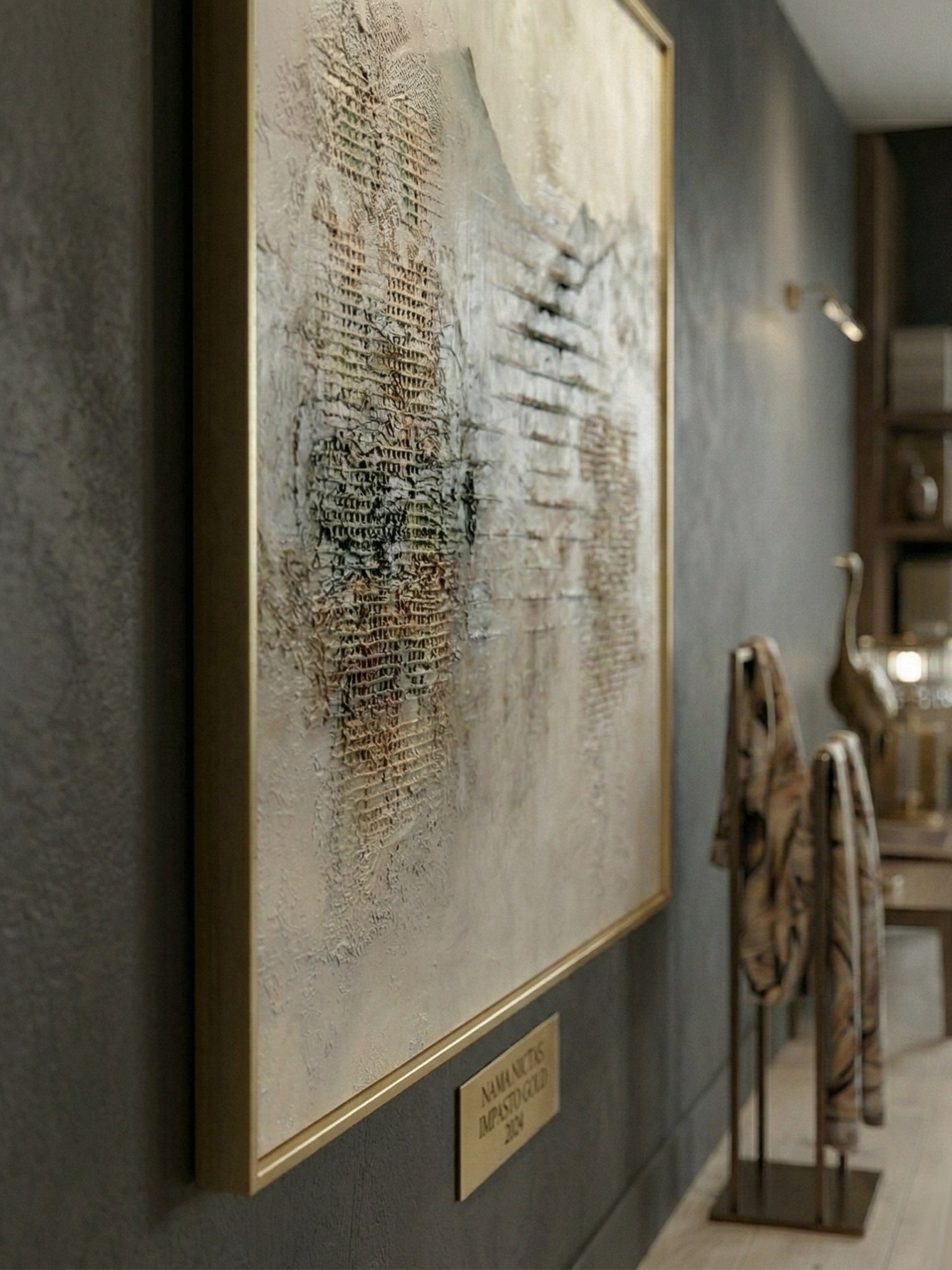 Heavy textured 3D abstract painting of misty mountains with grid patterns in neutral earthy tones by Eliot Vermeer.